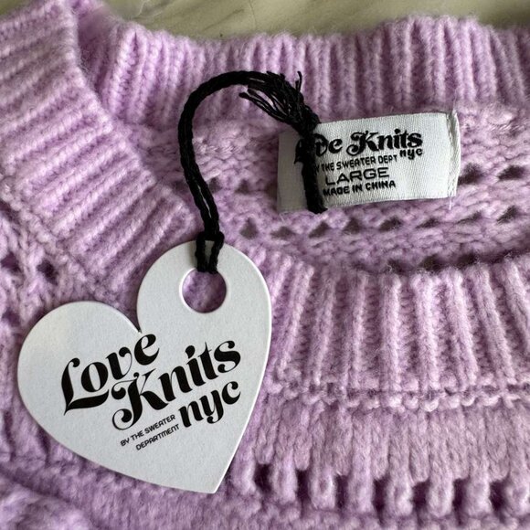 Love Knits NYC Open Knit Lavender Cropped Ribbed Sweater Sweatshirt L Women Cozy - Picture 9 of 9
